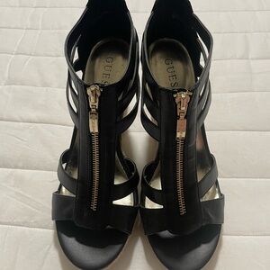 GUESS Black Strappy Heeled Sandals with Gold Front Zipper